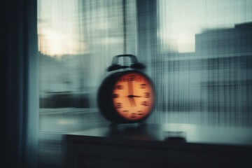 Vintage alarm clock with orange face is positioned on a wooden surface, surrounded by soft curtains, creating a serene atmosphere of time passing in a cozy interior space