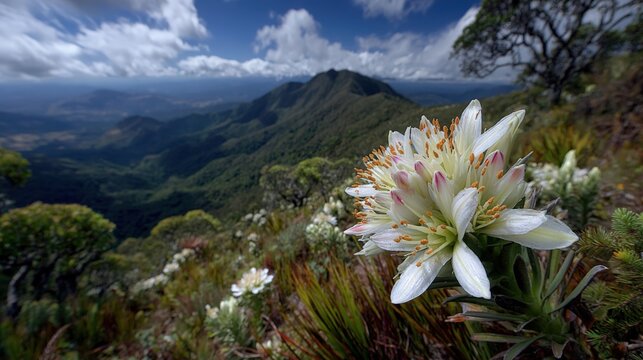 Waxy white bloom of Queen of the Andes with Polylepis forest backdrop in Bolivia