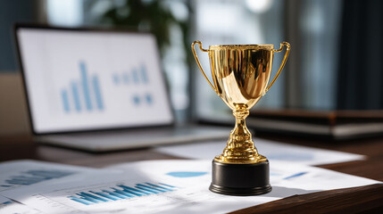 Golden trophy on business desk with charts and laptop.