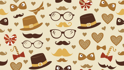 decorative pattern composed of different styles of hats, glasses, and mustaches arranged artistically..eps