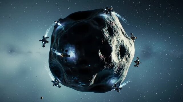 Orbital Ballet of Mining Drones Around Asteroid