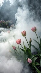 Delicate pink tulips emerge from mystical morning mist in a garden