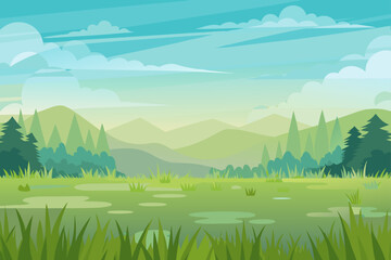 Obraz premium Flat Vector Meadow Background With Glassy Surface