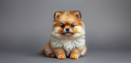 A fluffy pomeranian puppy sits, looking directly at the camera against a neutral gray backdrop,   fluffy pomeranian,   dog breeds