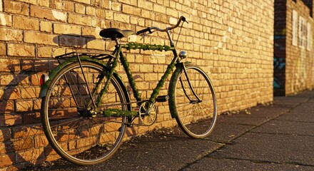 Vintage moss-covered bicycle leans against a brick wall, bathed in warm golden sunlight