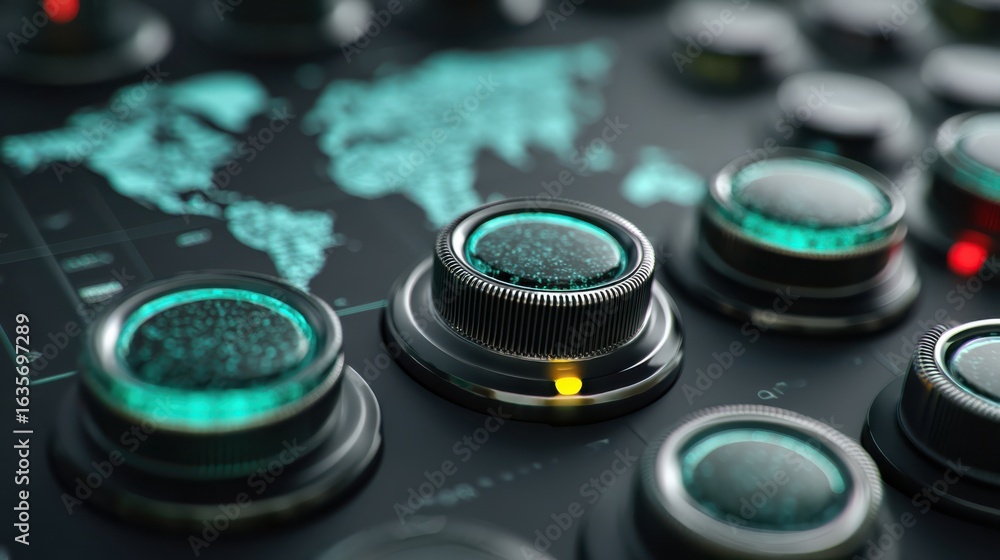 Poster a close-up of control knobs and a world map display, featuring glowing elements, suggesting a tech-f