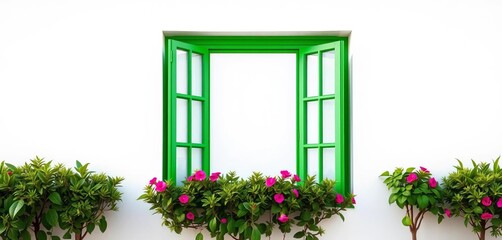 Fototapeta premium A vibrant green window frame sharply contrasts against a pristine white wall, abstract, bold