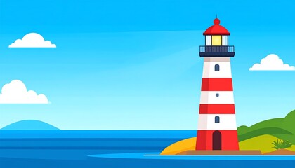 Colorful lighthouse illustration on a tranquil ocean scene.