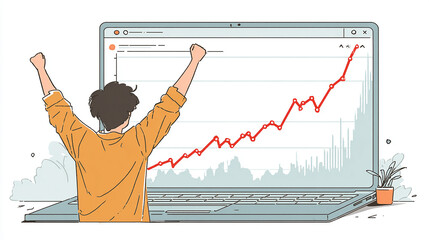 Laptop screen showing skyrocketing line graph with excited viewer.