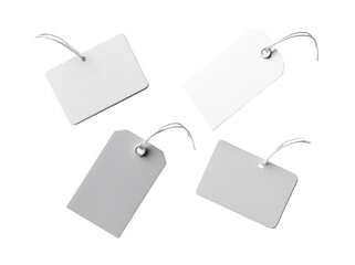 White tag mockup with blank text on a white background. Four floating white labels mock-up, set