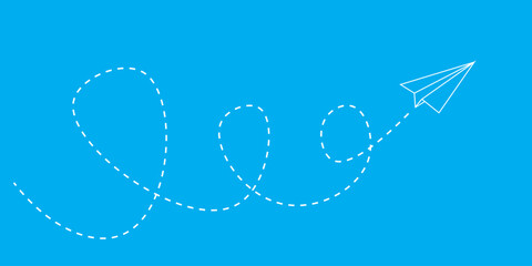 Naklejka premium Minimalist vector illustration of paper airplane with dotted line path on blue background 