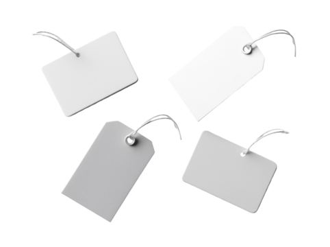 White tag mockup with blank text on a white background. Four floating white labels mock-up, set