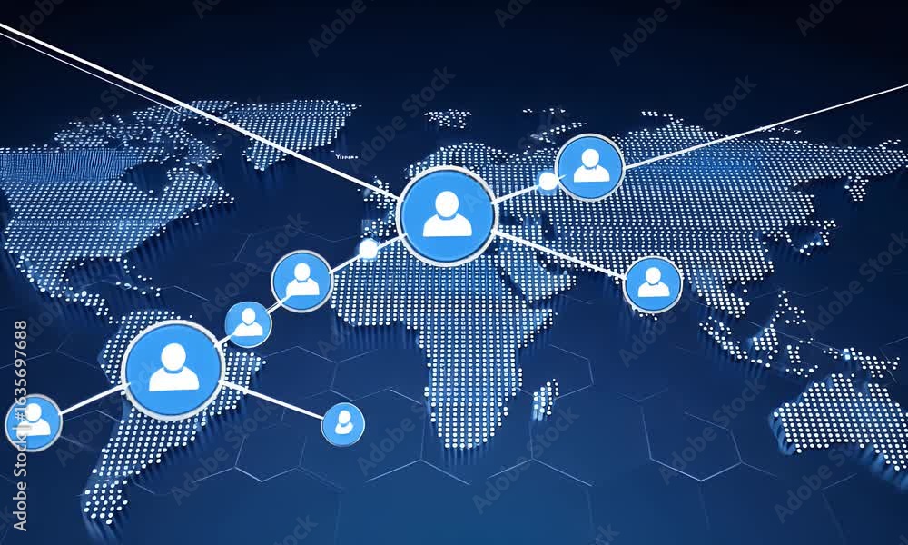 Aufkleber a world map with blue glowing connections between different countries, representing a global network