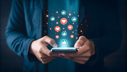 Person holding a smartphone with digital icons floating above the screen