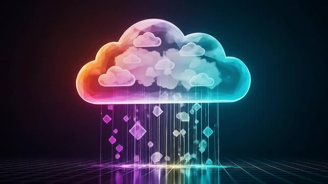 Digital neon cloud with binary rain and glowing platform in cyberspace