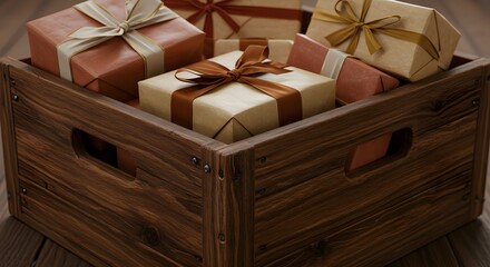 Wooden crate filled with wrapped holiday gifts