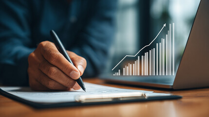 Man holding pen to sign paper, laptop with rising financial curve beside