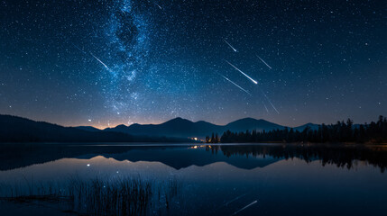 Night sky where meteor showers collide into celestial fireworks reflected in a still lake.