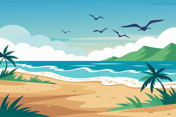 Hand Drawn Beach Background With Birds Flying