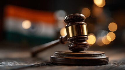 A close-up of a wooden gavel on a table, with a blurred Indian flag in the background, symbolizing justice and legal proceedings.