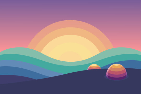 Stylized abstract landscape with colorful rolling hills and a pastel sunset with two rounded objects