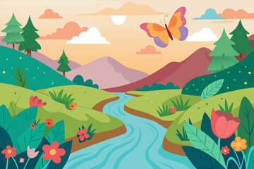 Hand Drawn River Background With Butterflies