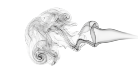 Wispy, light grey smoke plume with graceful, flowing, swirling motion forming soft, ethereal, abstract shapes, isolated against a transparent background with ample negative space and soft diffused