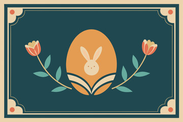 Charming easter egg with a cute bunny face and tulips in a decorative border