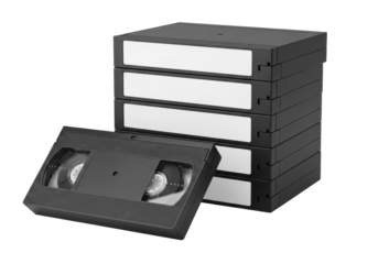 Vintage black vhs video cassette tapes, some stacked with blank white labels, one revealing magnetic reel, isolated against a transparent background with copy space and no shadows, product photography