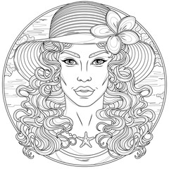Woman in a hat at the seaside in a round frame.Coloring book antistress for children and adults.