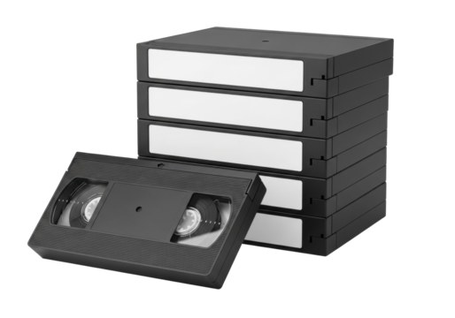 Vintage black vhs video cassette tapes, some stacked with blank white labels, one revealing magnetic reel, isolated against a transparent background with copy space and no shadows, product photography