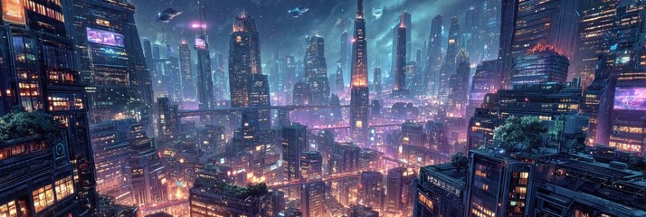 Fototapeta premium Futuristic night cityscape with towering skyscrapers, flying cars, and neon lights, cyberpunk aesthetic. Abstract background, wallpaper