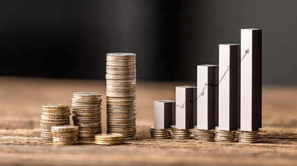 Stack of coins growing taller beside bar chart showing financial success.