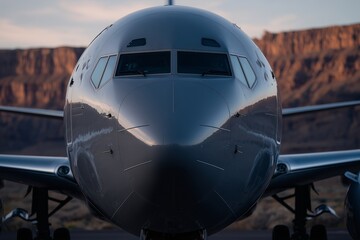 Obraz premium Close-up airplane nose with reflection, Jet parked on desert airstrip, Aviation detail in rocky terrain