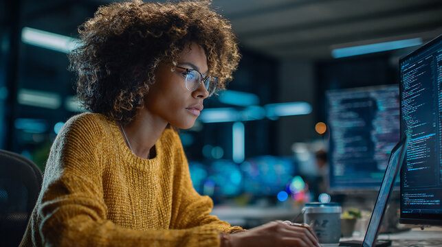 Woman software engineer debugging code on a laptop with AI assistant on screen.