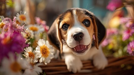 Close-up smiling beagle puppy with sparkling eyes sitting in basket of fresh flowers, soft morning sunlight, vibrant spring colors, ultra high resolution, realistic texture, sharp focus, commercial ph