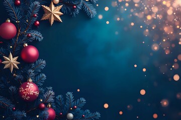 Luxury gold Christmas decorations on dark blue background. Xmas greeting card template, Happy New Year banner mockup in blue and pink cinematic style with copy space