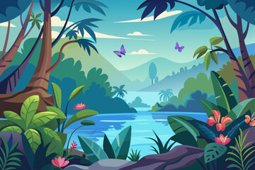 Ocean Jungle Background With Butterflies