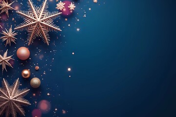 Luxury gold Christmas decorations on dark blue background. Xmas greeting card template, Happy New Year banner mockup in blue and pink cinematic style with copy space