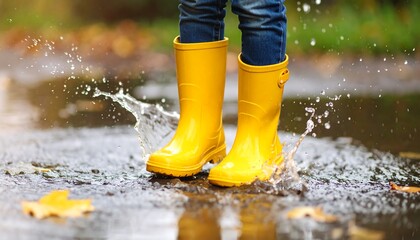 Child in yellow rain boots splashing in puddle