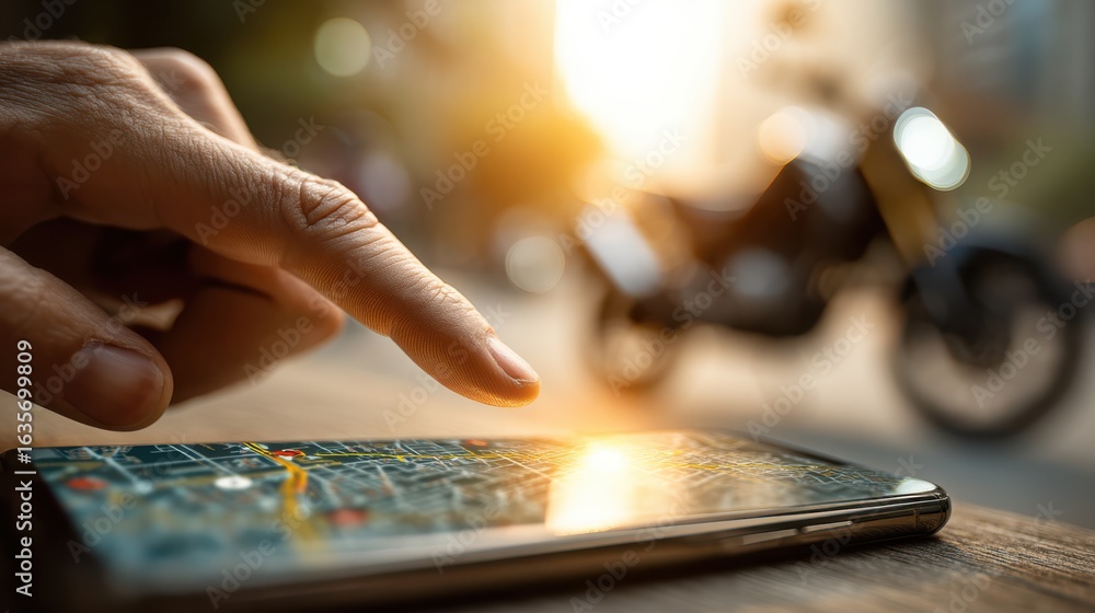 Poster a hand interacts with a smartphone displaying a map, while a motorcycle is visible in the background
