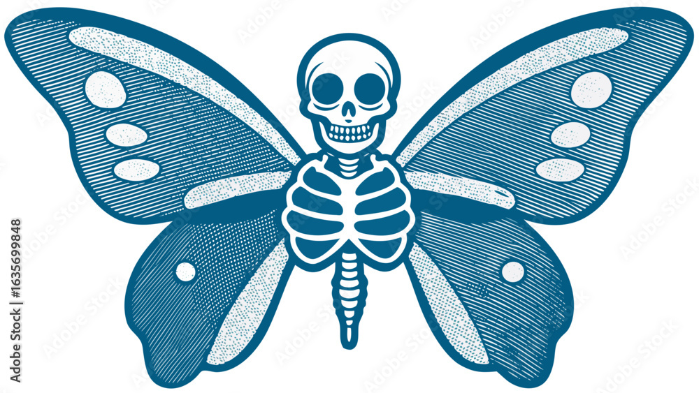 Poster illustration of a skeleton with butterfly wings in blue and white with circular patterns on the wing
