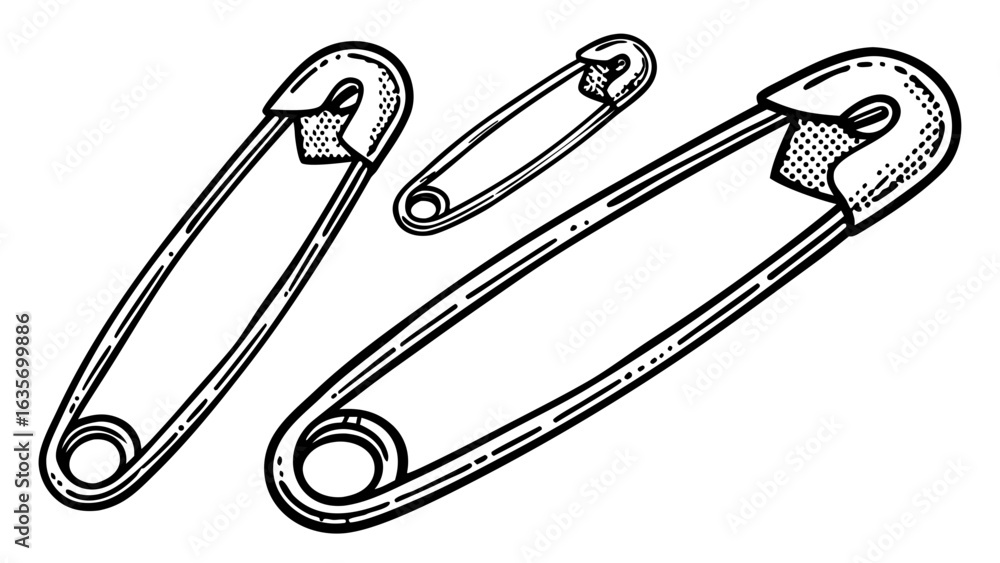 Poster three safety pins in varying sizes displayed in a black and white line drawing illustration style cr