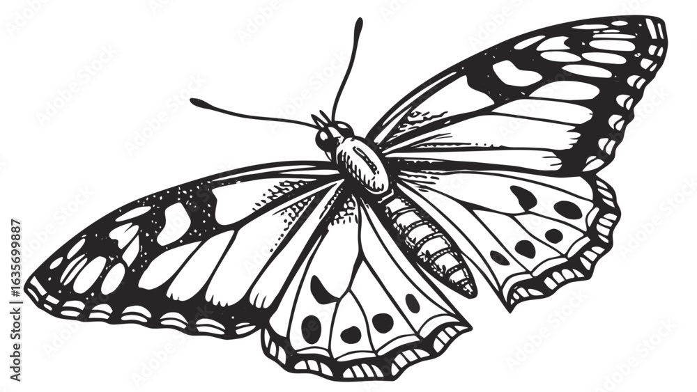Poster detailed line drawing of a butterfly with intricate wing patterns and delicate antennae spread wide 