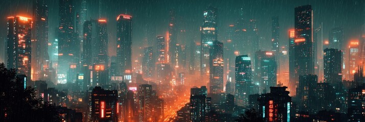 Futuristic night cityscape with towering skyscrapers, flying cars, and neon lights, cyberpunk aesthetic. Abstract background, wallpaper