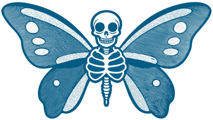Illustration of a skeleton with butterfly wings in blue and white with circular patterns on the wings created with generated ai