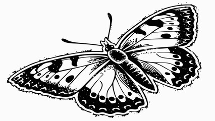 A detailed black and white illustration of a butterfly with intricate patterns on its wings spread wide created with generated ai