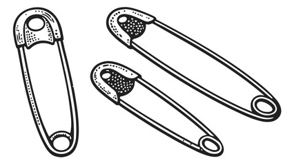 Illustration of three safety pins in black and white with detailed stippling and line work design created with generated ai