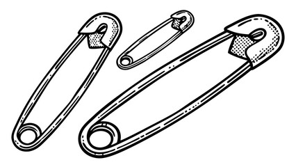 Three safety pins in varying sizes displayed in a black and white line drawing illustration style created with generated ai