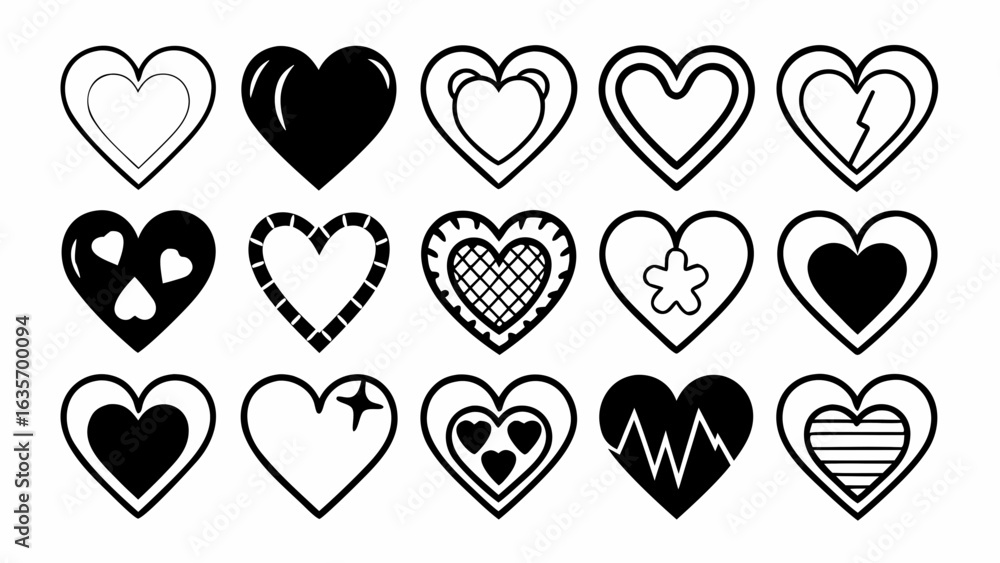 Poster Collection of fifteen different heart shapes with various designs and patterns in black and white color scheme created with generated ai